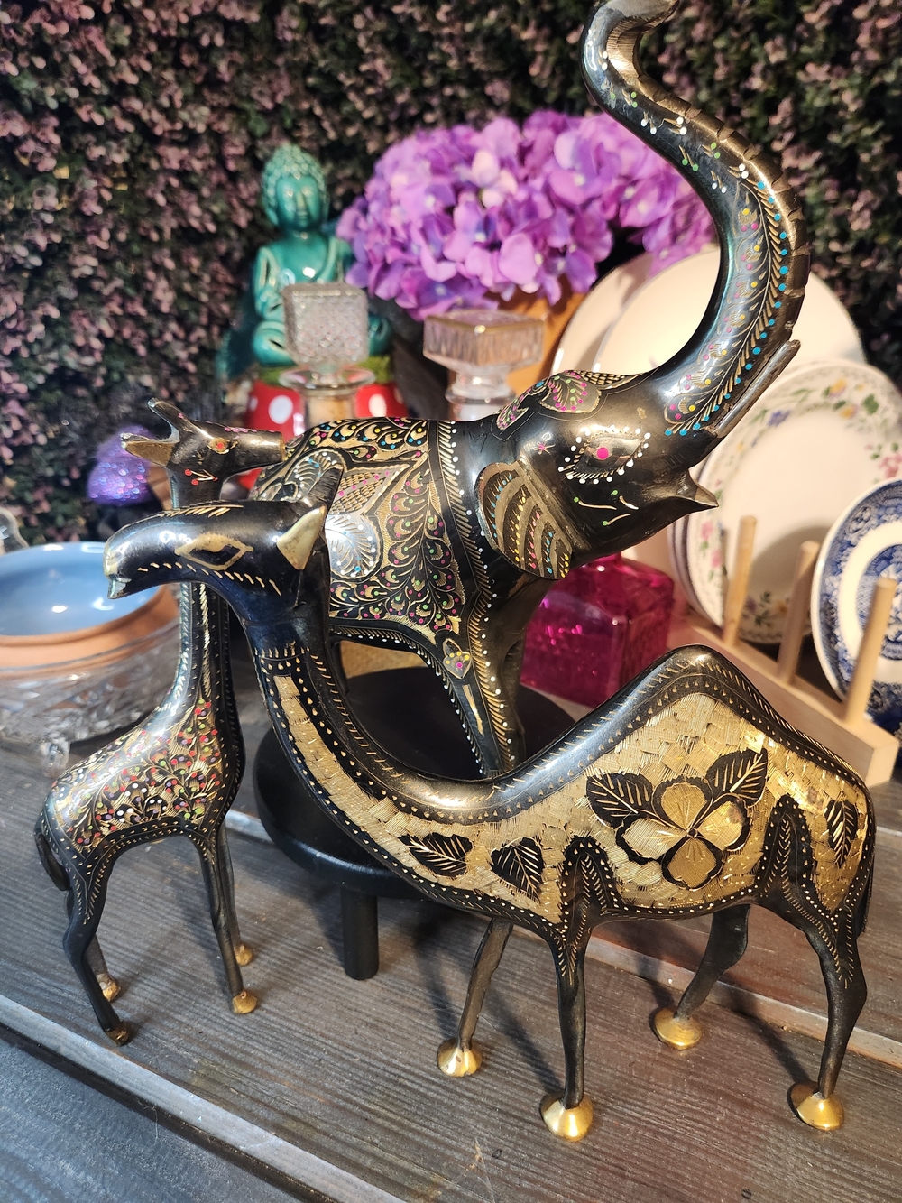 Hand Made Etched And Painted Brass Animal Figurines - Set of 3 Decorative